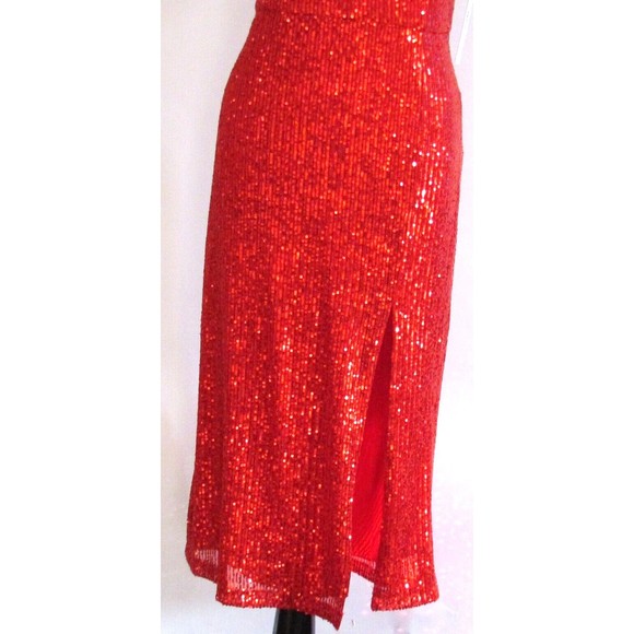 Designer Premier Amour Red Sequin Midi Length Spaghetti Strap Pencil Dress 16.R - Picture 7 of 16